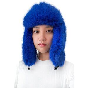 Women's Blue Faux Fur Ski Trooper Winter With Earflap Classic Snow Ushanka Cap